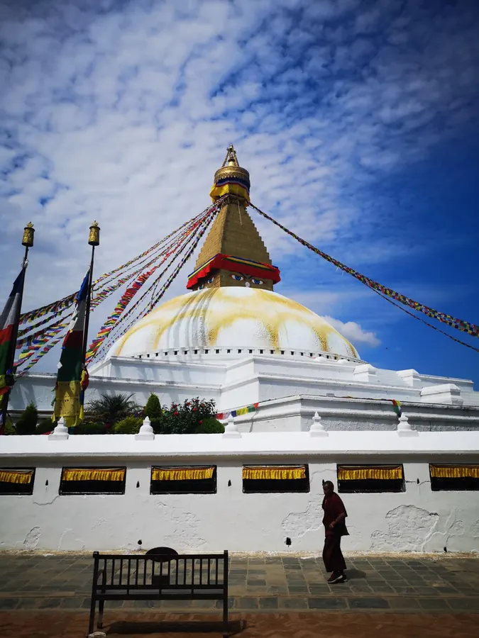 Boudhanath Stupa in Nepal under a blue sky